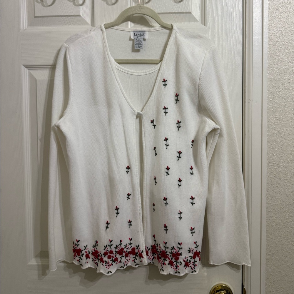 Teddi Cream Cottagecore Cardigan Rose Floral Embroidery 3D Built In Tank
